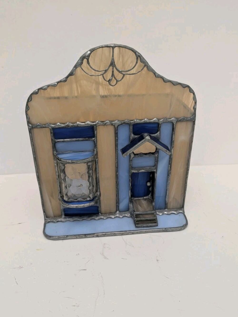Adobe Stained Glass House Blue Tan Candle Holder 6.75 x 6 x 4.75 Vintage